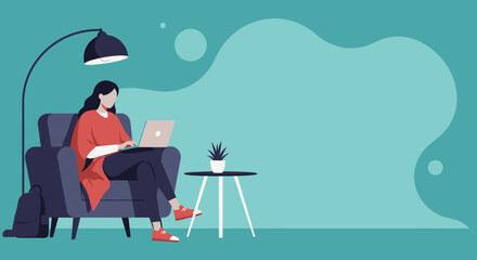 Young woman works on laptop from a comfortable armchair, depicting remote work, online learning, or digital lifestyle in a modern home setting.