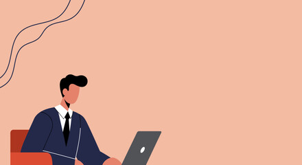 Professional businessman working on a laptop in a minimalist office setting, representing remote work, digital communication, and productivity.