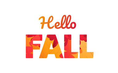 Hello Fall text design with colorful autumn leaves, patterned letters. Seasonal vector typography, perfect for autumn greetings, posters, invitations, and decorative artwork.