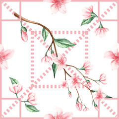 Seamless pattern with soft pink dashed squares, featuring delicate pink and white flowers, light brown stems, and gentle green leaves. Perfect for fabric, stationery, or textiles.
