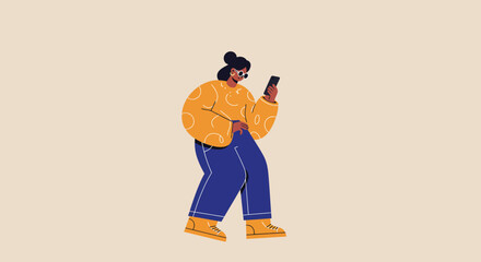 Flat design illustration of a woman walking and interacting with her smartphone. Represents digital communication, social media, and mobile connectivity.