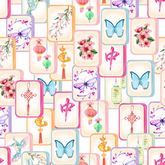Seamless watercolor pattern featuring scattered Mahjong tiles in soft, bright pastel colors. Perfect for fabric prints, gift wrap, notebook covers, or textile design. Gentle tones ,Invitation card