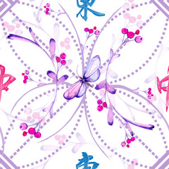 Seamless pattern of purple flowers and butterflies. Solid and dotted lines form the background of the flower outline. Pastel colors, light purple tones. There are 2 Chinese characters at the 4 corners
