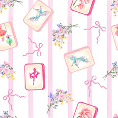 Seamless watercolor pattern featuring scattered Mahjong tiles in soft, bright pastel colors. Perfect for fabric prints, gift wrap, notebook covers, or textile design. Gentle tones ,Invitation card