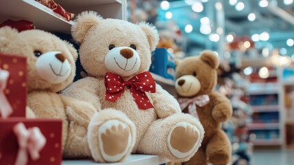 A variety of teddy bears in different sizes and colors sit on shelves and greet visitors in a cozy, illuminated toy store