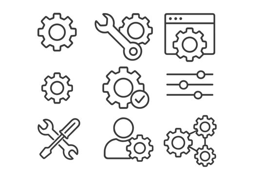 Settings and mechanism line icon set. Gear, cog, and tool symbols for configuration, setup, and maintenance. Vector icons for web and app UI. Editable stroke design.
