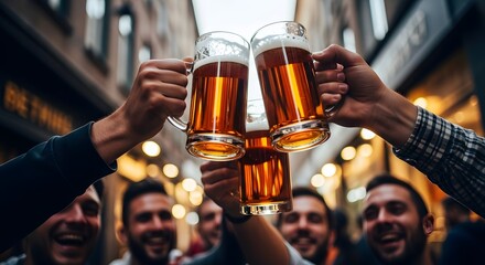Group of friends toasting with beer mugs outdoors. Celebration of festival Oktoberfest with drinks. Party, leisure, friendship concept