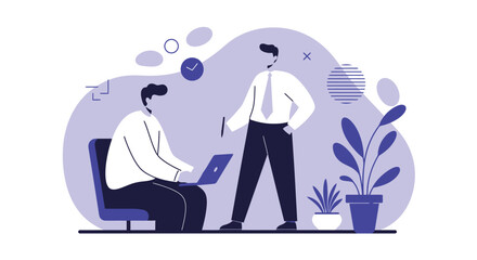 Two businessmen collaborate in a modern office, one working on a laptop while the other offers guidance. Ideal for teamwork, strategy, or mentorship concepts.