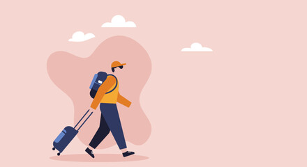 Traveler with backpack and rolling suitcase embarks on a journey. Represents vacation, adventure, exploration, and modern tourism concepts.