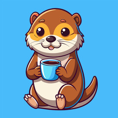 Cartoon otter smiles while holding a steaming cup of coffee