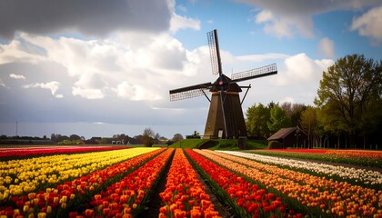 Dutch Windmill and Tulips