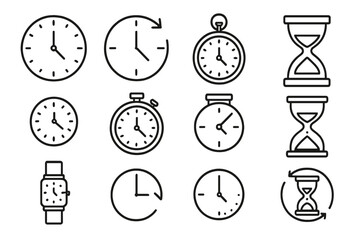 Time and clock thin line icon collection. Watch, hourglass, stopwatch, timer symbols. Vector pictograms for web, deadline, schedule, countdown concepts. Editable stroke.