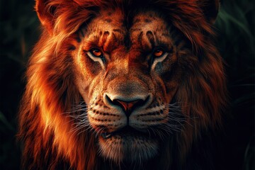 Naklejka premium Majestic lion portrait emphasizes regal beauty in a lush, vibrant environment