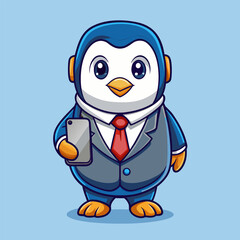The penguin businessman wears a suit while holding his phone