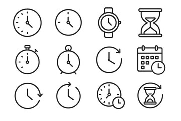 Time and clock line icon set. Watch, hourglass, timer, schedule symbols. Vector outline pictogram collection for UI, UX, web design. Editable stroke. Deadline, date concept.