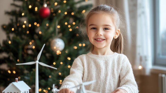 A young girl is intently crafting a cardboard model of a wind turbine alongside a house, showcasing her creativity and passion for renewable energy