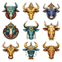 Nine stylized bull heads, ornate designs, various colors, isolated on white.


