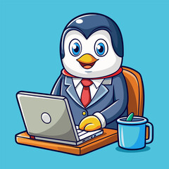 The penguin businessman wears a suit while typing on his laptop