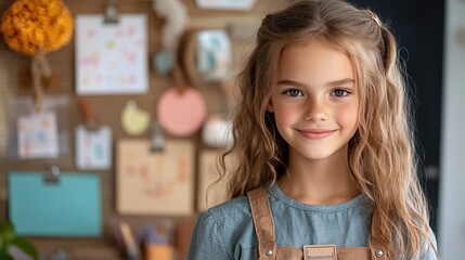Portrait of a girl standing in front of a colorful notice board filled with student work.