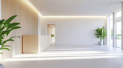Bright, minimalist interior design featuring spacious lobby with wooden accents, large windows, and indoor plants