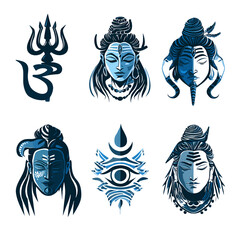 Illustrative Shiva symbols in blue tones, isolated on white background, row of six.

