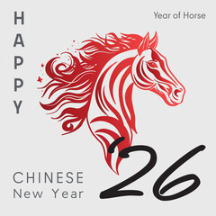 Design template for festive illustrations, greeting cards and banners. Chinese New Year 2026 Year of the Horse. Golden and red fire. minimalistic trendy