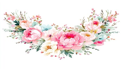 Fototapeta premium Delicate watercolor floral wreath featuring pink roses, painted with soft brush strokes on white.