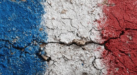 Cracked wall painted with French flag colors