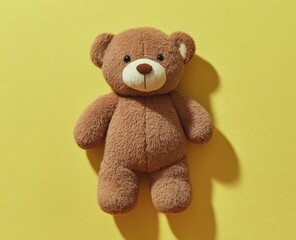 Obraz premium Plush brown teddy bear on a vibrant yellow background