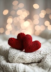 Two knitted red hearts rest atop a soft, textured white sweater, creating a warm and romantic atmosphere with bokeh lights.