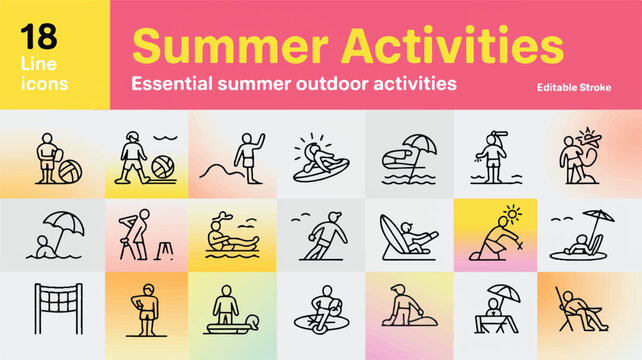 18 Summer Activities Line Icons Essential Outdoor Fun