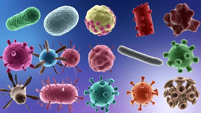 Detailed Render of Various Colorful Microbes and Viruses with Spikes on Gradient Blue Background for Medical Research Animated Presentation Slide or for Pharmaceutical Campaigns