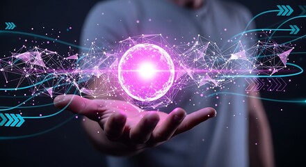 Hand cradling a glowing digital sphere representing global network and innovative technology