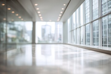 Empty modern office hallway with large windows