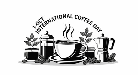 Vector art of international coffee day celebration with coffee brewing equipment and beans