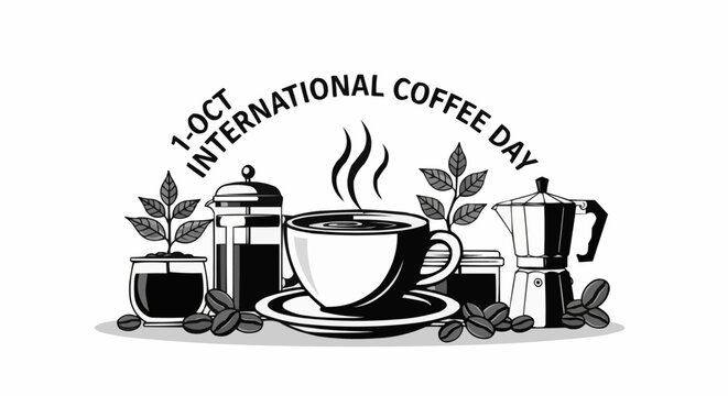 Vector art of international coffee day celebration with coffee brewing equipment and beans