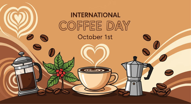 Vector art of international coffee day celebration with a steaming cup of coffee, coffee beans, a french press, and a moka pot, set against a warm, inviting background with latte art