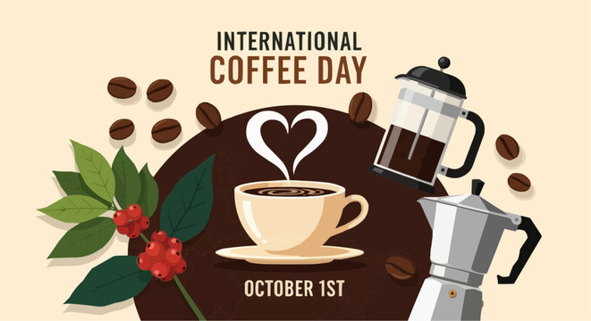 Vector art of celebrate international coffee day on october 1st with a steaming cup of coffee, coffee beans, a french press, and a moka pot, symbolizing the joy and aroma of this beloved beverage