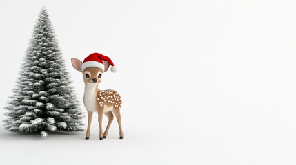 A baby deer is wearing a Christmas hat next to a small decorated tree, adding a cheerful touch to the festive atmosphere
