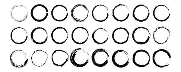 Abstract black paint brushstroke circles pack. Grunge hand drawn circular frames outline vector illustration isolated on white background.  Enso zen ink brush style symbol set