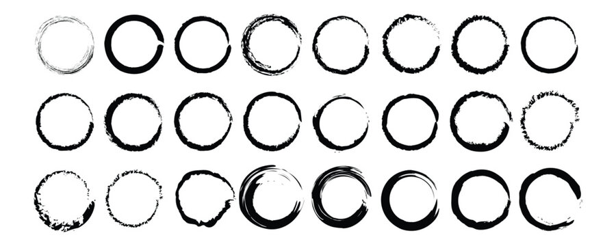 Abstract black paint brushstroke circles pack. Grunge hand drawn circular frames outline vector illustration isolated on white background.  Enso zen ink brush style symbol set