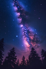 Stunning Milky Way galaxy night sky panorama with glowing galactic core, countless stars, cosmic dust, and pine tree silhouette in breathtaking astrophotography scene