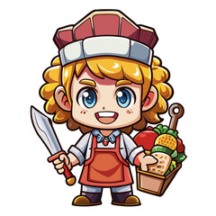 Hand-drawn butcher smiles while holding big knife in cartoon style