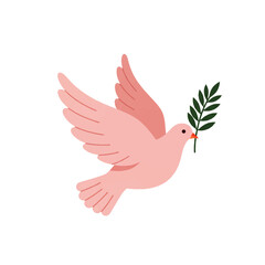 A pink dove flies with wings spread, carrying an olive branch in its beak, symbolizing peace.