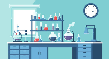 A well-equipped chemistry lab features glassware, equipment, and reagents, ready for scientific experiments.