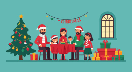 Fototapeta premium A family gathers around a table, celebrating Christmas with gifts and decorations.