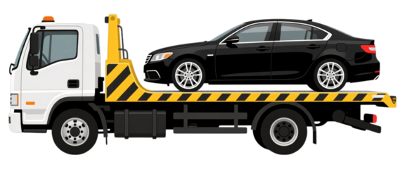 Black Sedan Car on Flatbed Tow Truck with Yellow Stripes, Transparent Background, Side View Illustration