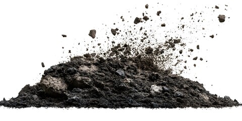 A large mound of soil or debris flying up, isolated on a white background