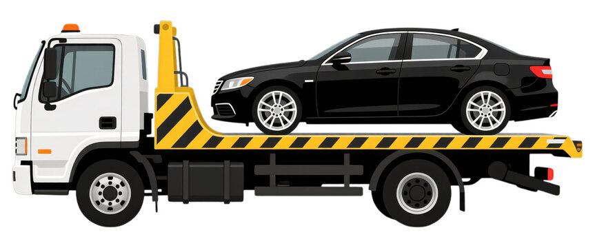 Black Sedan Car on Flatbed Tow Truck with Yellow Stripes, Transparent Background, Side View Illustration