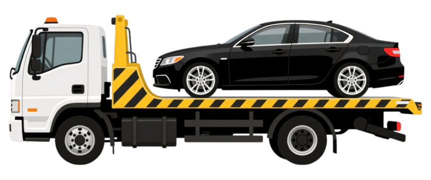 Black Sedan Car on Flatbed Tow Truck with Yellow Stripes, Transparent Background, Side View Illustration